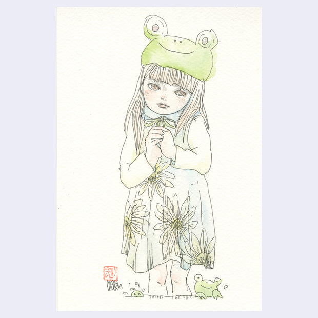 Illustration of a girl wearing a frog hat and a dress with sunflowers on it, standing with her head tilted and hands clasped.