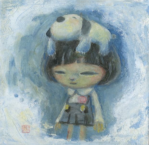 Hazily rendered painting of a girl, with an exaggerated head size. She wears an overall dress and has a short bob cut. Atop her head rests a dog, laying with its paws extended out. Background is a frothy blue and white combo.