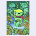 illustration of a kappa, a frog/turtle folklore character, sitting in a rock in a pond and holding onto a cucumber.