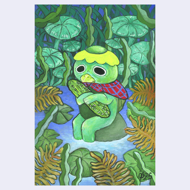 illustration of a kappa, a frog/turtle folklore character, sitting in a rock in a pond and holding onto a cucumber.