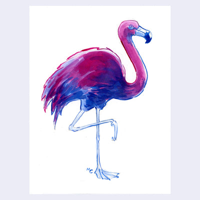 Dark blue and pinkish purple ink illustration of a flamingo, standing on one leg.