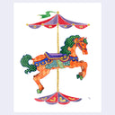Colorful illustration of a carousel horse with a purple and red roof with gold detailing on a white background