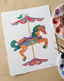 Colorful illustration of a carousel horse with a purple and red roof with gold detailing on a white paper