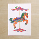 Colorful illustration of a carousel horse with a purple and red roof with gold detailing on a white background