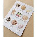 Watercolor painting of 9 different types of cookies, with written labels below each.