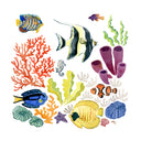 Watercolor illustration of several fish, sea plants and coral against a white background.