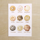 Illustration of 9 different types of donuts, with written labels underneath each.