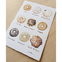 Watercolor painting of 9 different types of donuts, with written labels underneath each.