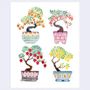 Watercolor illustration of colorful bonsai trees, all in colorful patterned pots and sprouting fruit.