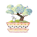 Illustration of a bonsai tree with in a My Neighbor Totoro themed patterned planter. Totoro stands on the green moss at the base of the tree.