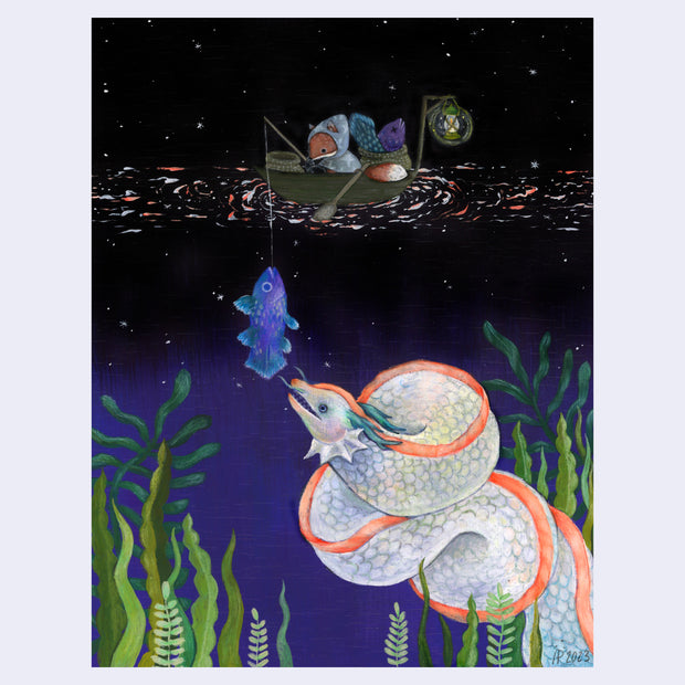 Painting of a dark night scene, featuring a small fox creature in a fishing boat. Below the water surface, is a purple fish hooked onto the line. Below that fish is a very large eel sea monster, surrounded by kelp. The night sky is black and the ocean is a deep purple.