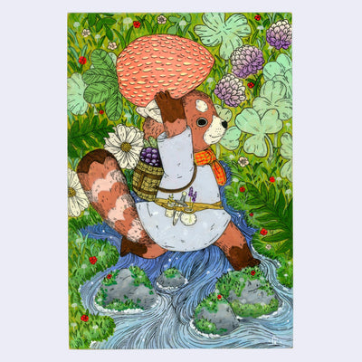 Illustration of a red panda holding up a large strawberry over its head and crossing a fast moving stream. It is dressed like a fantasy character with a satchel on its back and a small dagger and glass containers on its belt.