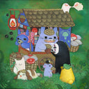 Illustration of Studio Ghibli characters around a small wooden cart, which sells acorns with a green backgrond.