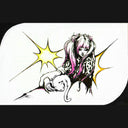 A illustration featuring an anime-style girl with pink and black hair, a leopard-print top, and a white cat, set against a comic-style yellow starburst on a white background with black borders.