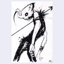 Black and white ink drawing of a character with a swan-like bird with an extremely long, sharp beak atop the character's head like a hat/mask with an eye opening. An arrow shoots thru the character's chest.