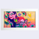 Colorful painting of a pink monster girl with long purple hair, with a cocoon dangling from her finger over several venus fly traps.