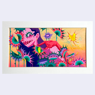 Colorful painting of a pink monster girl with long purple hair, with a cocoon dangling from her finger over several venus fly traps.