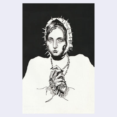 Black ink illustration of a woman, seen from her chest up, holding her hands in prayer. She wears a spiked hood and has lots of jewelry on her wrists.