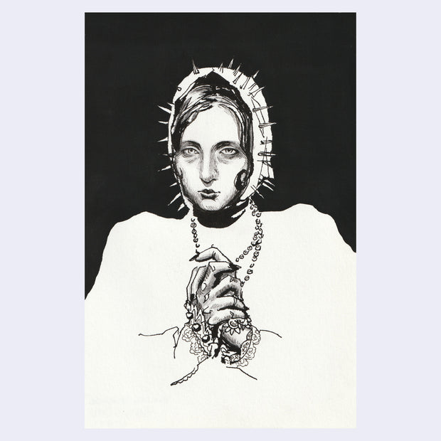 Black ink illustration of a woman, seen from her chest up, holding her hands in prayer. She wears a spiked hood and has lots of jewelry on her wrists.
