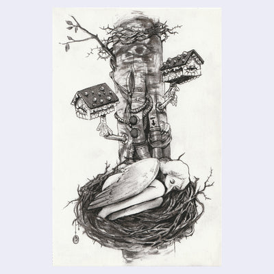 Charcoal sketch of a bird girl, sleeping inside of a nest attached to a tree with many small surveillance houses popping out of it.
