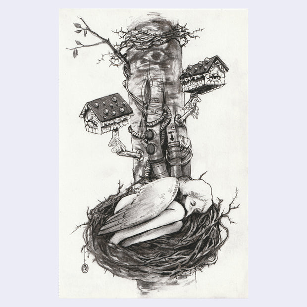 Charcoal sketch of a bird girl, sleeping inside of a nest attached to a tree with many small surveillance houses popping out of it.