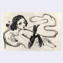 Charcoal and ink illustration of a flapper style woman with heavy makeup, seen sitting with long gloves and smoking a cigarette.