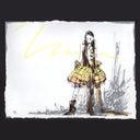 Artistic sketch of a person in a yellow dress with black and white elements.