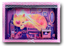 Painting in a pink wooden shadowbox frame of an orange and pink cat, resting in a tiny dollhouse bedroom with a streak of sunlight shining behind it. On the floor of the inner frame are many small doll pieces, all pink and purple in coloring and a tiny mouse sleeping in the doll bed.