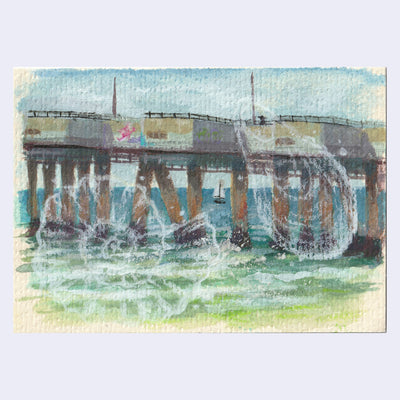 Painting of a pier, seen from the side. Atop it are seashells painted.