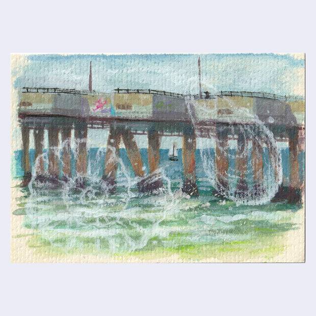 Painting of a pier, seen from the side. Atop it are seashells painted.