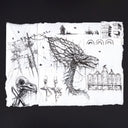 Black and white illustration of a dragon and other elements on a textured paper background
