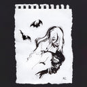 Black and white illustration of a woman with bats on a textured paper background