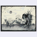 Ink illustration of a person sitting on a watery surface with a building attached to their back and their legs wrapped up in telephone pole wires. Small birds sit on the wires.