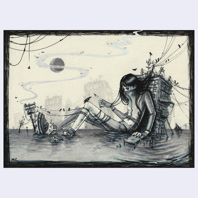 Ink illustration of a person sitting on a watery surface with a building attached to their back and their legs wrapped up in telephone pole wires. Small birds sit on the wires.