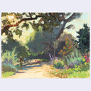 An impressionistic painting of a sunlit garden path under leafy trees, with green foliage, purple flowers, and a small figure walking along the path. The artwork is shown centered on a light gray background.