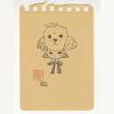 Pen illustration on tan paper of a girl with a bow around her neck and a puppy head atop of hers.