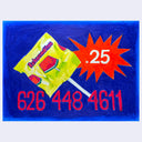 Illustration of a wrapped Rebanaditas watermelon flavored lollipop with a price tag and contact numbers on a blue background