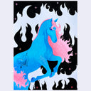 Illustration of a blue horse with a long, pink mane and a heart tattoo on its side. It partially jumps with white and black flames behind it.