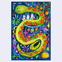 Colorful illustration of a green snake with red flowers along its back. It curls into an "s" shape and small white rabbits stand atop it, playing instruments. Background is blue with many colorful fireworks and lanterns.