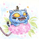 Colorful illustration of a blue cat-like creature with yellow eyes and large smile with fangs. It has a tiny multi-eyed bird with a hat atop its head and rests on a pink flower bunch.