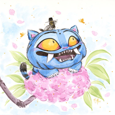 Colorful illustration of a blue cat-like creature with yellow eyes and large smile with fangs. It has a tiny multi-eyed bird with a hat atop its head and rests on a pink flower bunch.