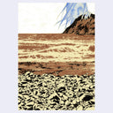 Artistic depiction of a mountain landscape with a blue person, very large in size, peeking over the mountain top, and brown earth.