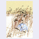 Artistic depiction of a person in a blue robe leaning over within tall reeds on a yellow background.