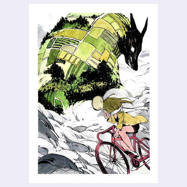 Illustration of a large black dog like creature, sitting and looking back. Its body is made of various green land plots. A girl rides her bike and yells at it through a megaphone.