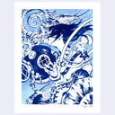 Blue and white illustration of a girl under the water, holding a scuba helmet and looking away from the viewer as sea creatures surround her.