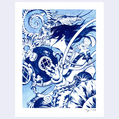 Blue and white illustration of a girl under the water, holding a scuba helmet and looking away from the viewer as sea creatures surround her.