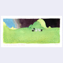 Surreal landscape with green hills, a blue sky, and abstract elements on a white background.