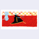 Painting of a blue character wearing a black robe on red floor.
