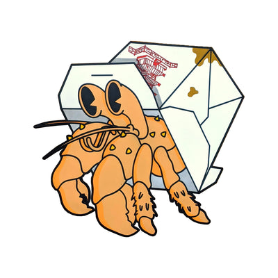 Die cut painted wooden panel of an orange hermit crab with a slightly greasy takeout box as its shell. 