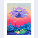 Colorful artwork of a creature with a large eye and tentacles over a mountain landscape.